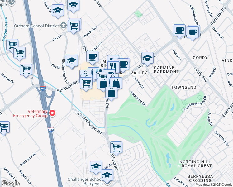 map of restaurants, bars, coffee shops, grocery stores, and more near 1620 Oakland Road in San Jose
