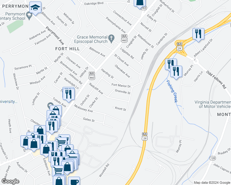 map of restaurants, bars, coffee shops, grocery stores, and more near 1505 Granville Street in Lynchburg