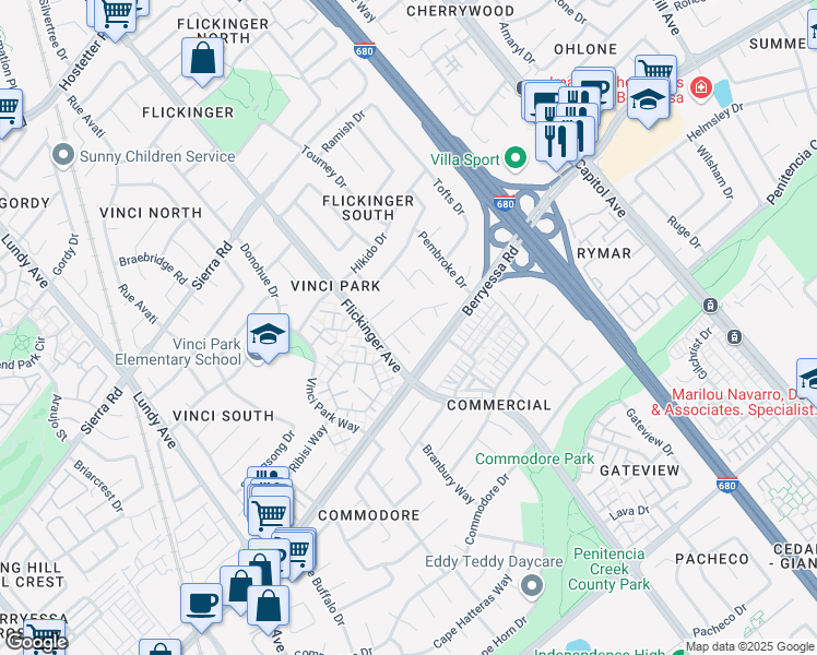 map of restaurants, bars, coffee shops, grocery stores, and more near 1145 Jonesport Court in San Jose