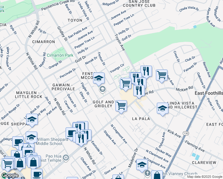 map of restaurants, bars, coffee shops, grocery stores, and more near 3377 Lucian Avenue in San Jose