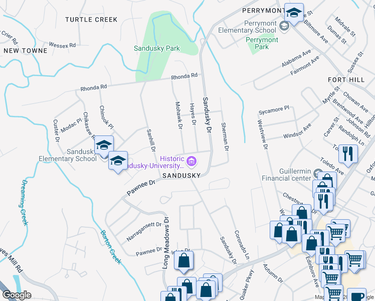 map of restaurants, bars, coffee shops, grocery stores, and more near 832 Mohawk Drive in Lynchburg