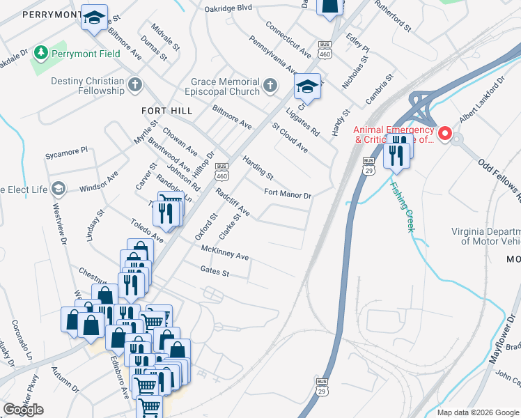 map of restaurants, bars, coffee shops, grocery stores, and more near 4619 Latham Street in Lynchburg