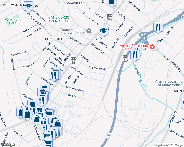 map of restaurants, bars, coffee shops, grocery stores, and more near 1505 Granville Street in Lynchburg
