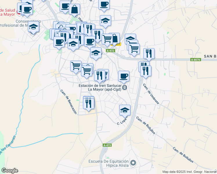 map of restaurants, bars, coffee shops, grocery stores, and more near 4 Camino de Bollullos in Sanlúcar la Mayor