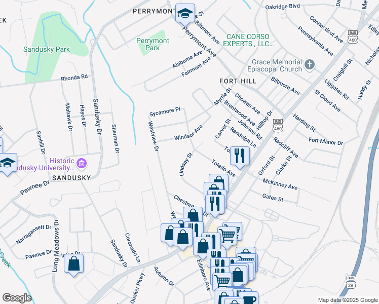 map of restaurants, bars, coffee shops, grocery stores, and more near 1003 Lindsay Street in Lynchburg