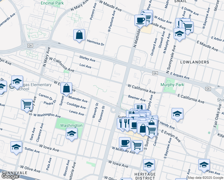 map of restaurants, bars, coffee shops, grocery stores, and more near 430 West California Avenue in Sunnyvale