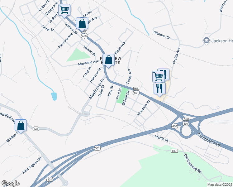 map of restaurants, bars, coffee shops, grocery stores, and more near 7 Ford Street in Lynchburg