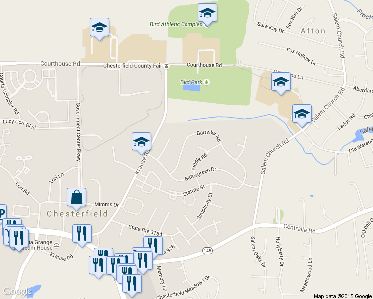 map of restaurants, bars, coffee shops, grocery stores, and more near 6309 Barrister Road in Chesterfield