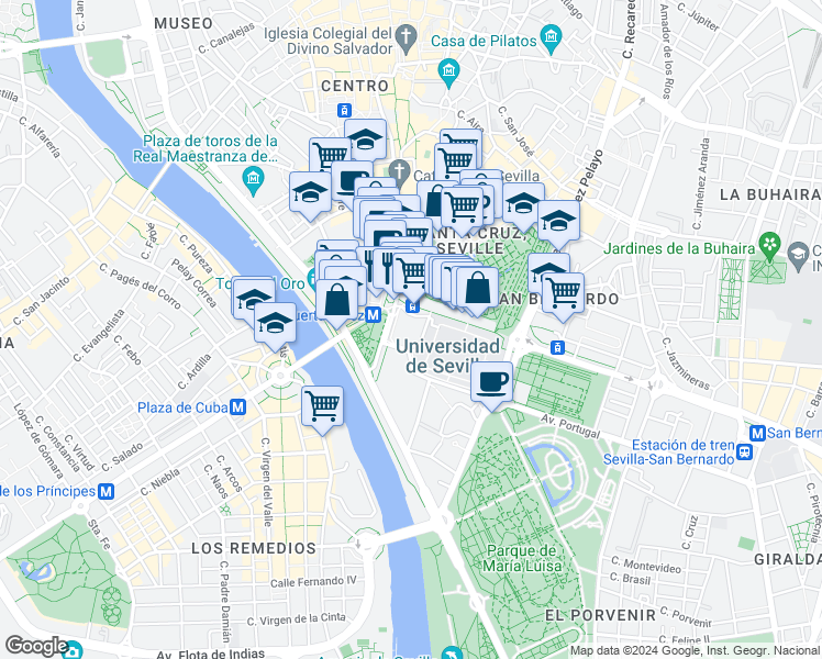 map of restaurants, bars, coffee shops, grocery stores, and more near 2 Calle San Fernando in Sevilla