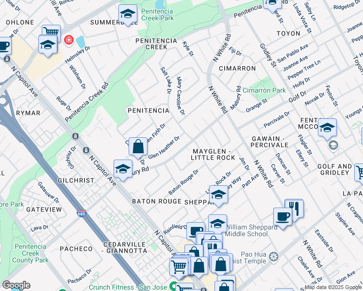 map of restaurants, bars, coffee shops, grocery stores, and more near 2883 Mabury Road in San Jose