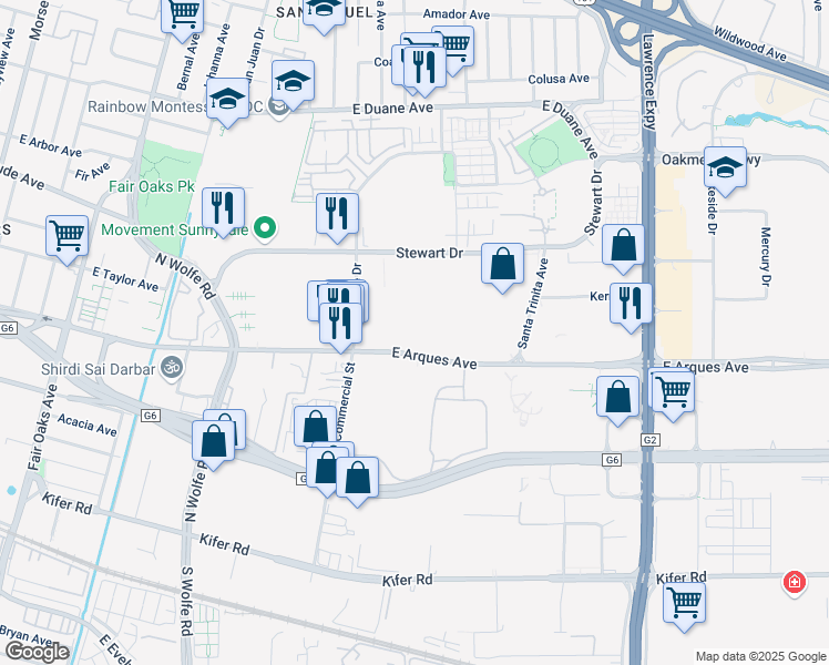 map of restaurants, bars, coffee shops, grocery stores, and more near 955 East Arques Avenue in Sunnyvale