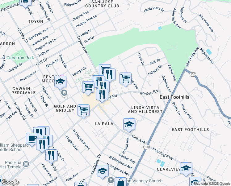 map of restaurants, bars, coffee shops, grocery stores, and more near 5299 McKee Road in San Jose