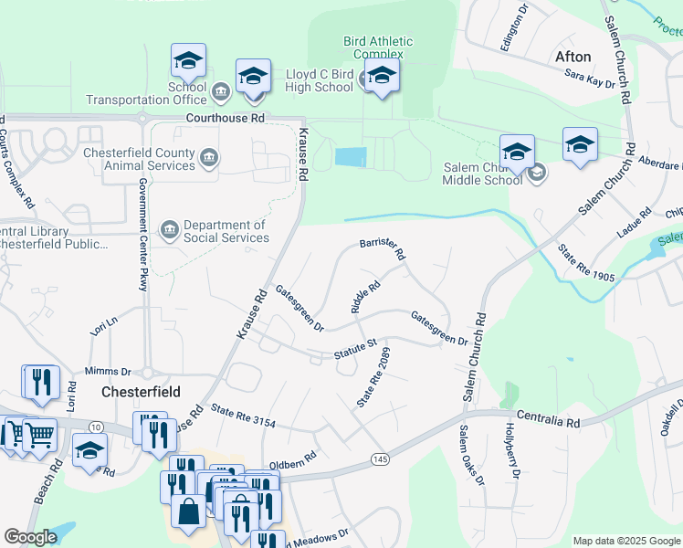 map of restaurants, bars, coffee shops, grocery stores, and more near 6309 Barrister Road in Chesterfield