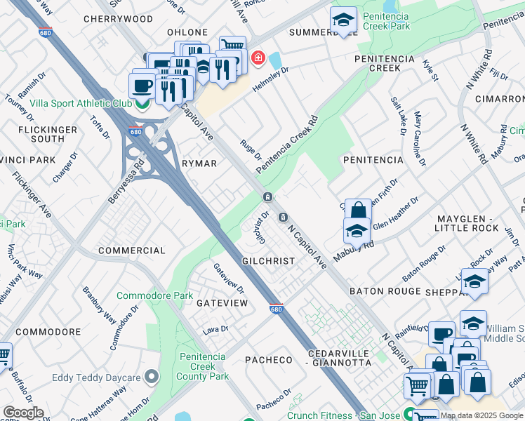 map of restaurants, bars, coffee shops, grocery stores, and more near 979 Gilchrist Drive in San Jose
