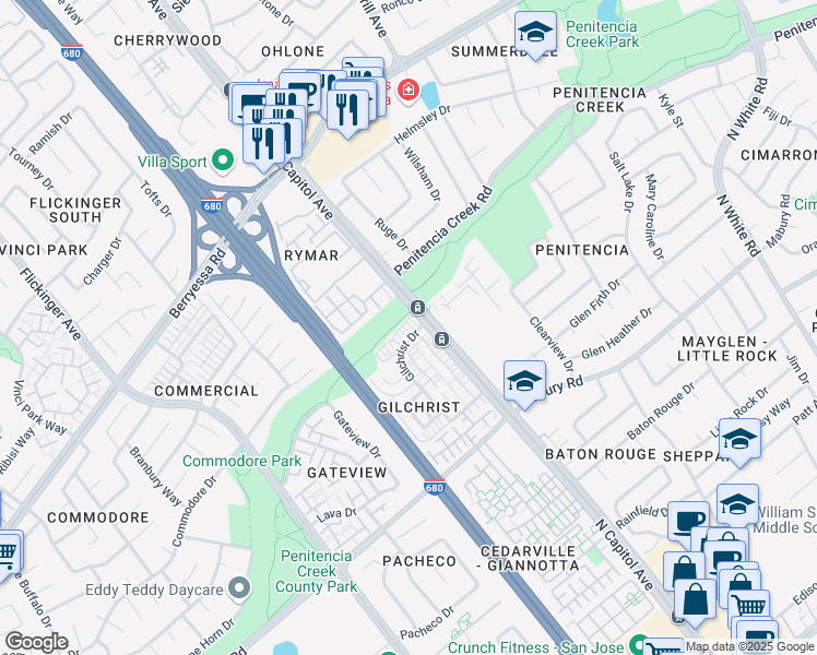map of restaurants, bars, coffee shops, grocery stores, and more near 979 Gilchrist Drive in San Jose