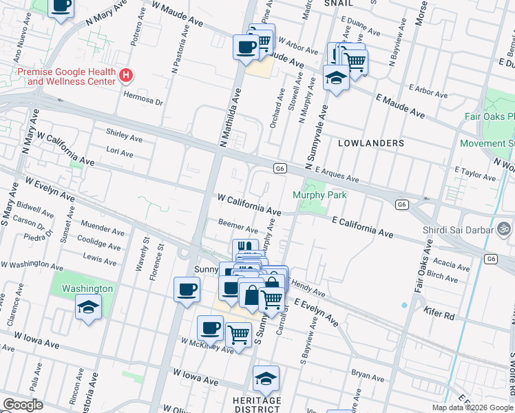 map of restaurants, bars, coffee shops, grocery stores, and more near 203 West California Avenue in Sunnyvale