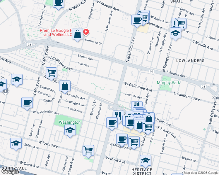 map of restaurants, bars, coffee shops, grocery stores, and more near 430 West California Avenue in Sunnyvale
