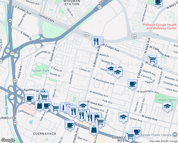 map of restaurants, bars, coffee shops, grocery stores, and more near 1228 Cortez Drive in Sunnyvale
