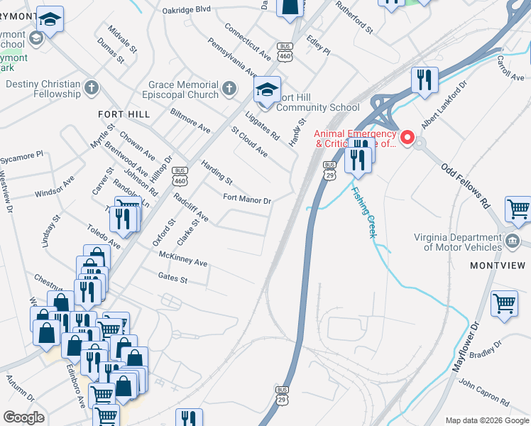 map of restaurants, bars, coffee shops, grocery stores, and more near 1500-1598 Granville Street in Lynchburg