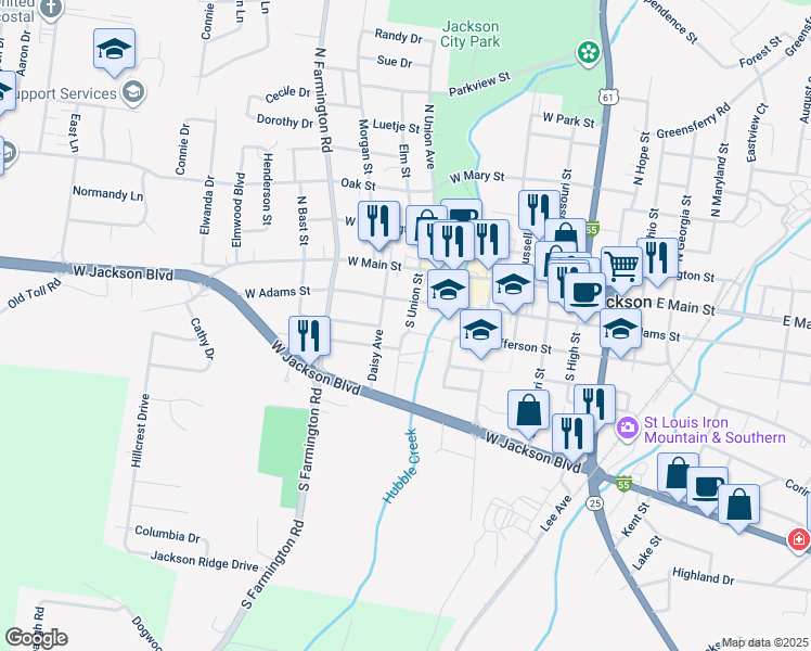 map of restaurants, bars, coffee shops, grocery stores, and more near 245 South Union Street in Jackson