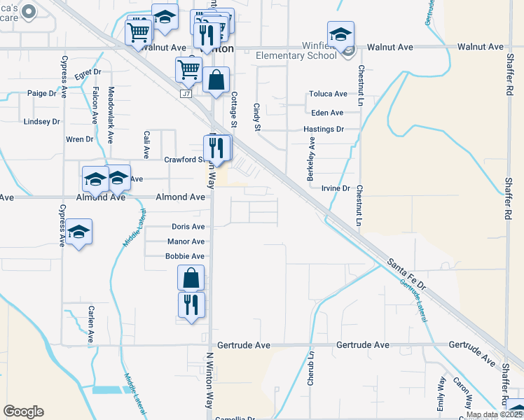 map of restaurants, bars, coffee shops, grocery stores, and more near in Winton