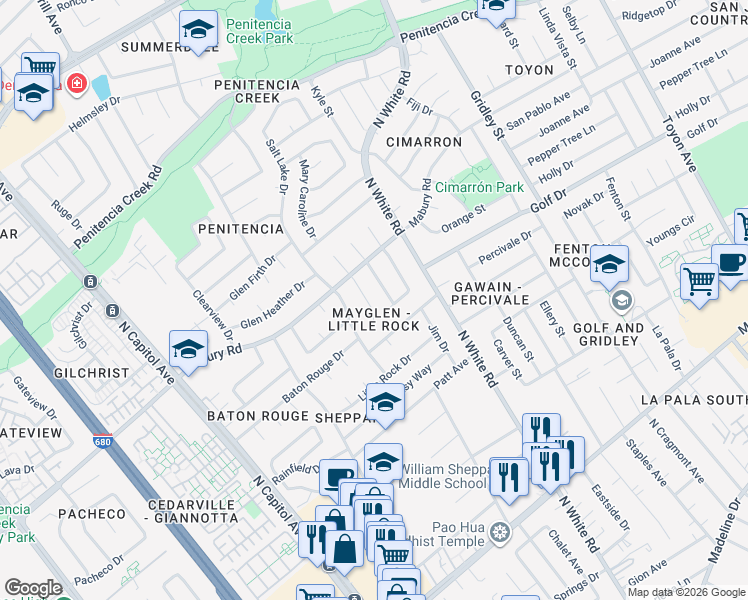 map of restaurants, bars, coffee shops, grocery stores, and more near 674 High Glen Drive in San Jose