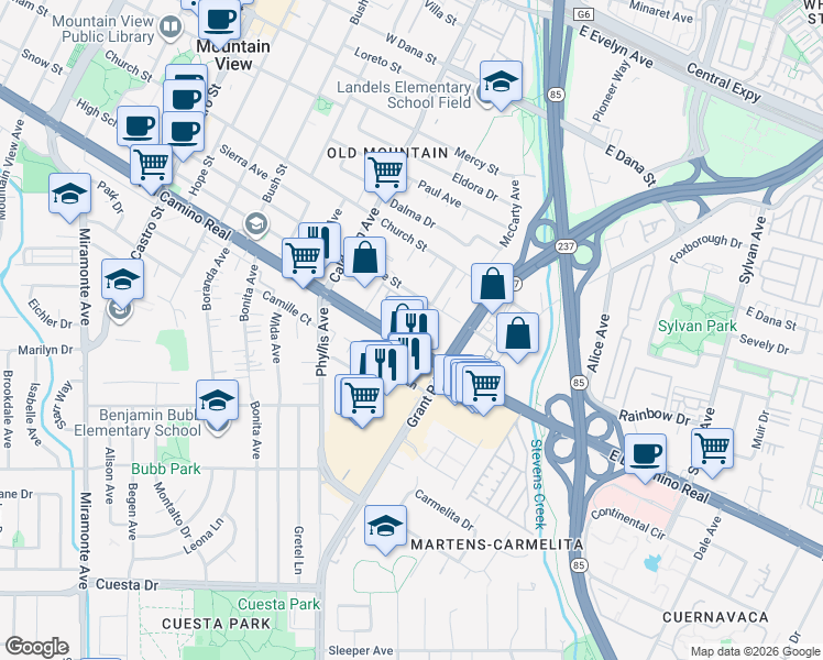 map of restaurants, bars, coffee shops, grocery stores, and more near 68 West El Camino Real in Mountain View