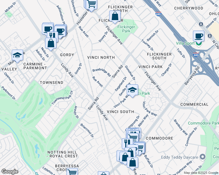 map of restaurants, bars, coffee shops, grocery stores, and more near 1335 Rothland Court in San Jose