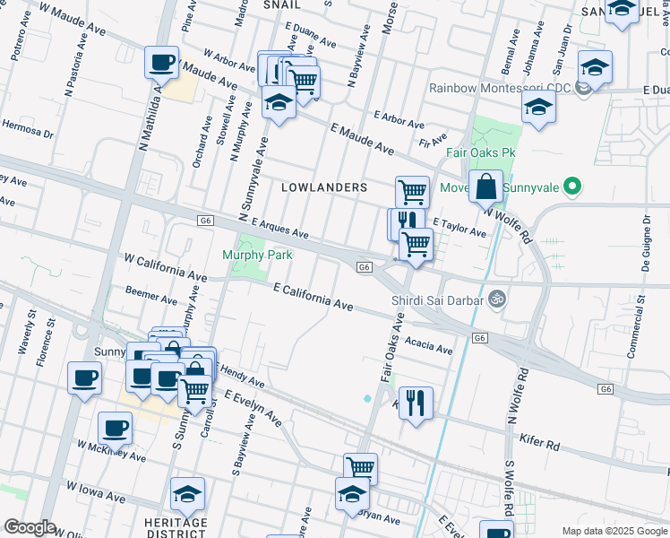 map of restaurants, bars, coffee shops, grocery stores, and more near 269 Roosevelt Avenue in Sunnyvale