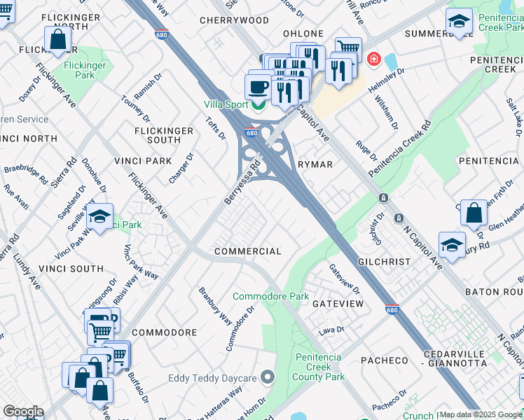 map of restaurants, bars, coffee shops, grocery stores, and more near 1032 Ivy Glen Drive in San Jose