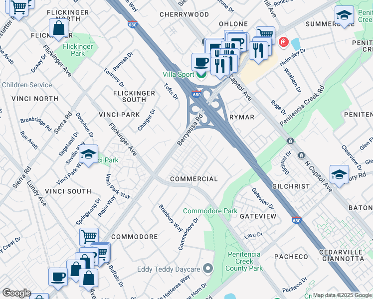 map of restaurants, bars, coffee shops, grocery stores, and more near 1100 Genco Terrace in San Jose