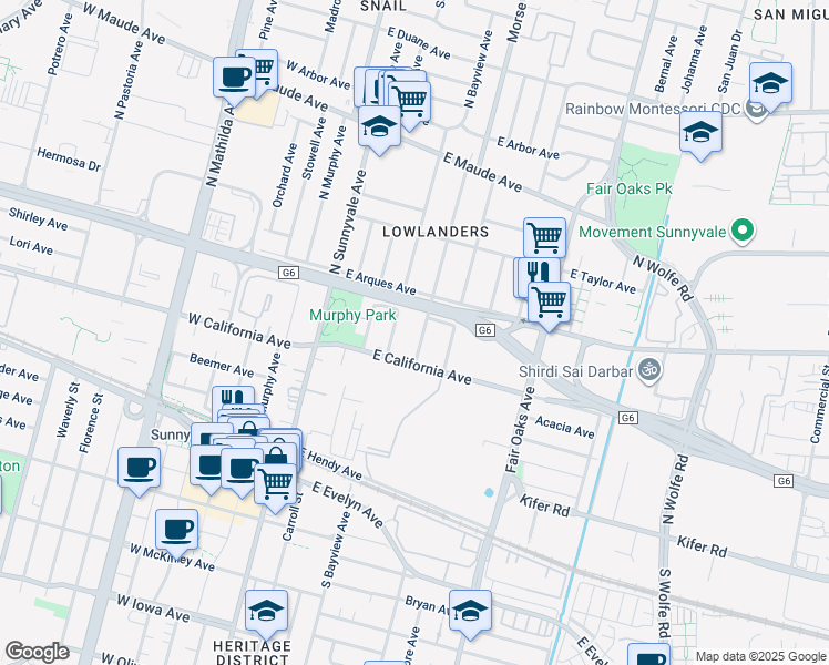 map of restaurants, bars, coffee shops, grocery stores, and more near 245 Morse Ave in Sunnyvale