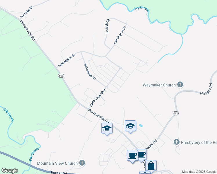 map of restaurants, bars, coffee shops, grocery stores, and more near 1384 Helmsdale Drive in Forest