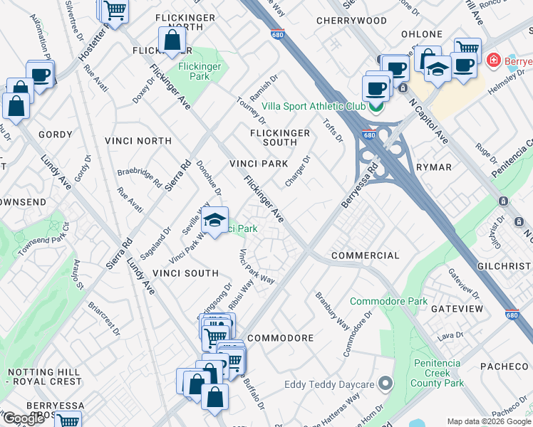 map of restaurants, bars, coffee shops, grocery stores, and more near 2017 Pollen Court in San Jose