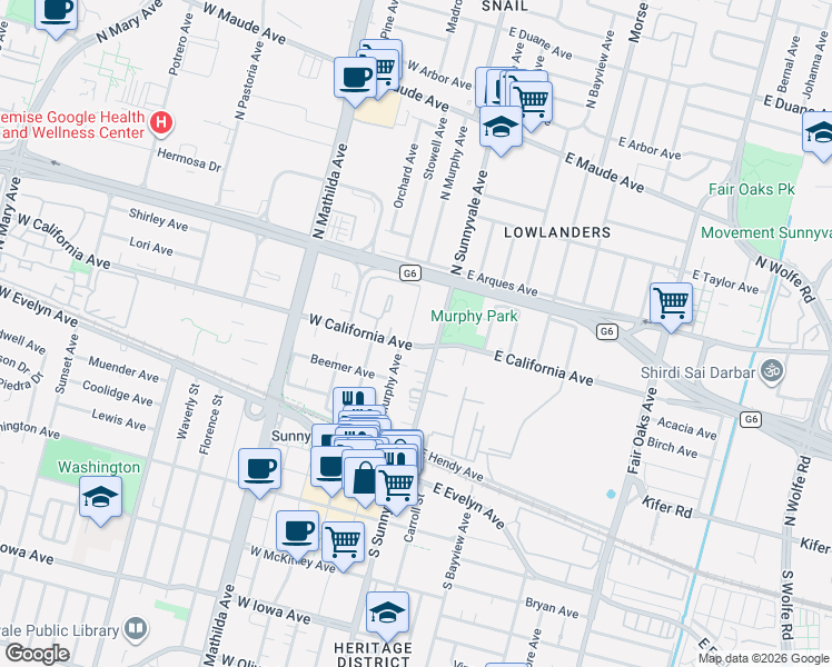 map of restaurants, bars, coffee shops, grocery stores, and more near 218 North Murphy Avenue in Sunnyvale