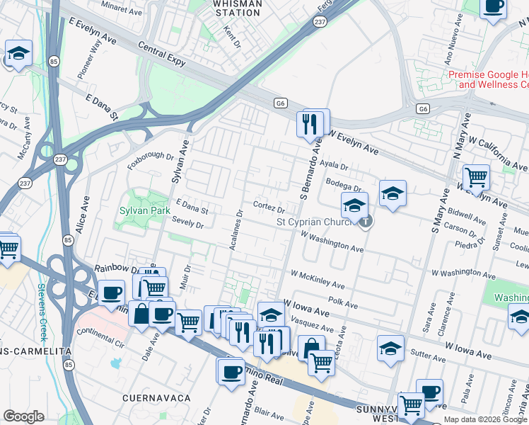 map of restaurants, bars, coffee shops, grocery stores, and more near 1263 West Washington Avenue in Sunnyvale