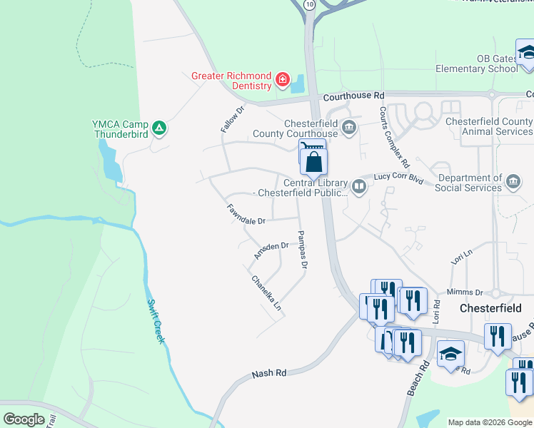map of restaurants, bars, coffee shops, grocery stores, and more near 7500 Fawndale Drive in Chesterfield