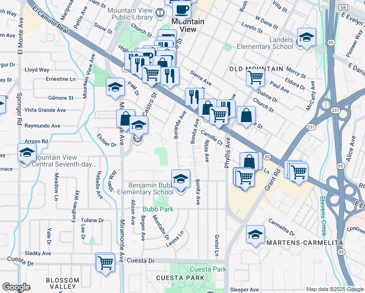 map of restaurants, bars, coffee shops, grocery stores, and more near 1085 Boranda Avenue in Mountain View