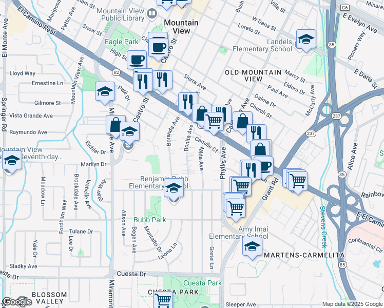 map of restaurants, bars, coffee shops, grocery stores, and more near 1021 Bonita Avenue in Mountain View