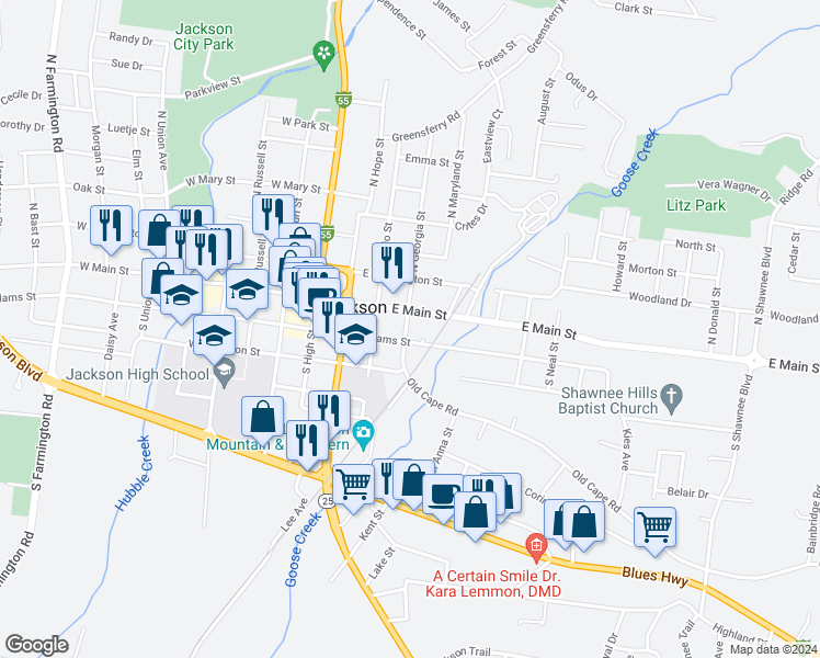 map of restaurants, bars, coffee shops, grocery stores, and more near 108 S Georgia St in Jackson