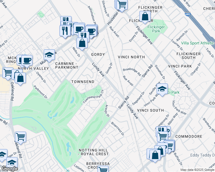 map of restaurants, bars, coffee shops, grocery stores, and more near 1498 Ambergrove Drive in San Jose
