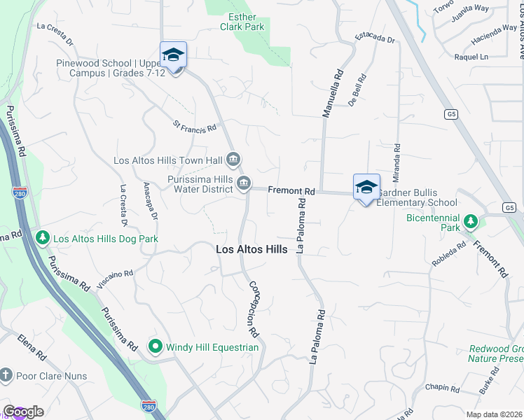 map of restaurants, bars, coffee shops, grocery stores, and more near 12800 Alto Verde Lane in Los Altos Hills