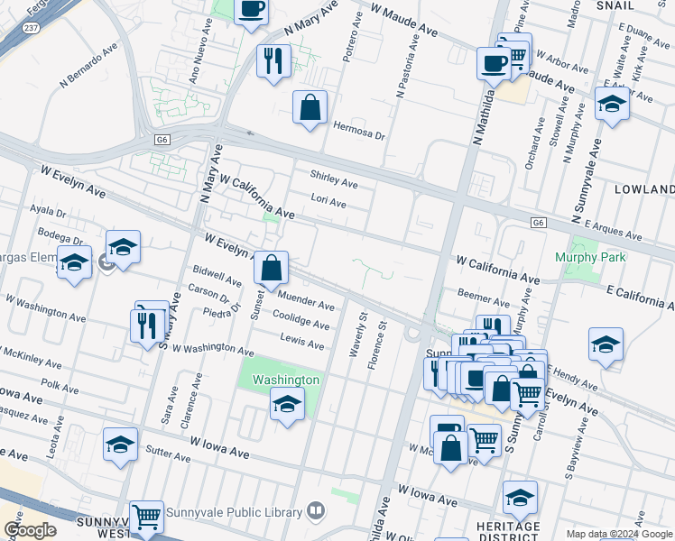 map of restaurants, bars, coffee shops, grocery stores, and more near 840 West California Avenue in Sunnyvale