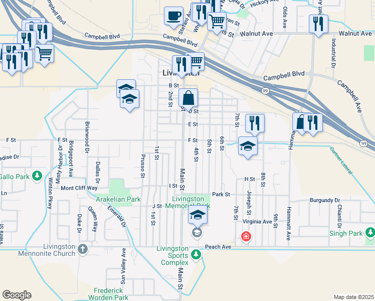 map of restaurants, bars, coffee shops, grocery stores, and more near 943 Main Street in Livingston