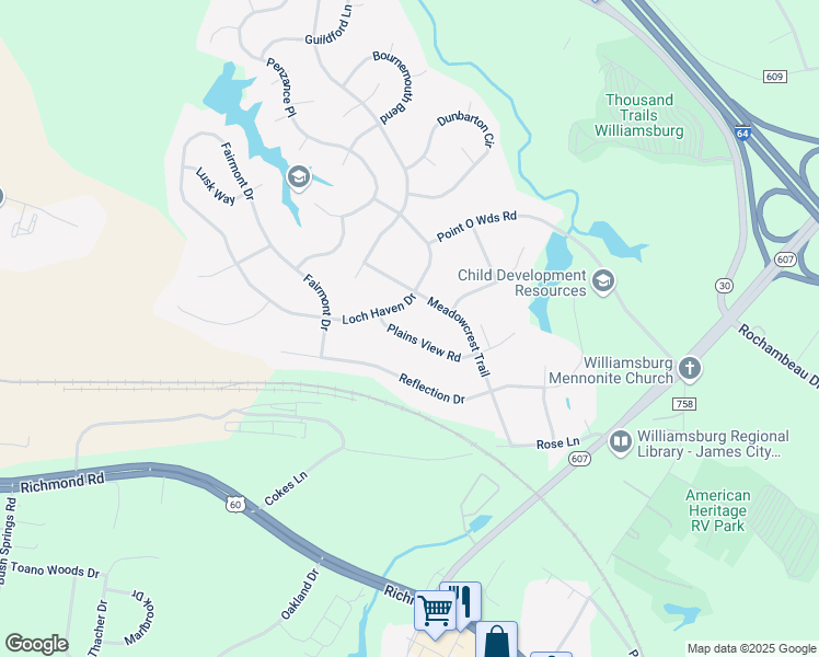 map of restaurants, bars, coffee shops, grocery stores, and more near 216 Plains View Road in Williamsburg