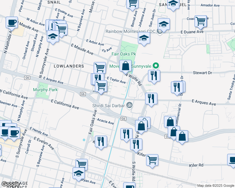 map of restaurants, bars, coffee shops, grocery stores, and more near 679 Pinnacles Terrace in Sunnyvale