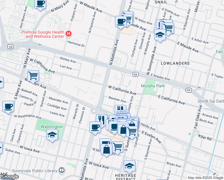 map of restaurants, bars, coffee shops, grocery stores, and more near 238 West California Avenue in Sunnyvale