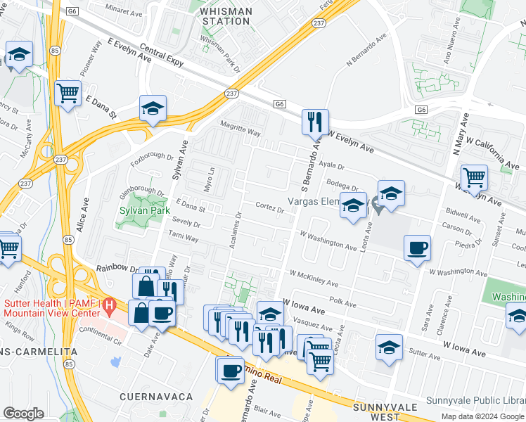 map of restaurants, bars, coffee shops, grocery stores, and more near 1263 West Washington Avenue in Sunnyvale