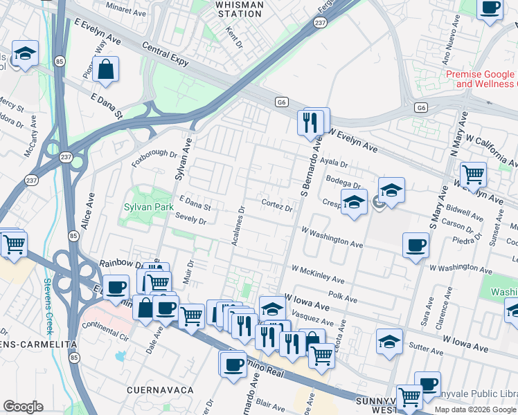 map of restaurants, bars, coffee shops, grocery stores, and more near 1263 West Washington Avenue in Sunnyvale