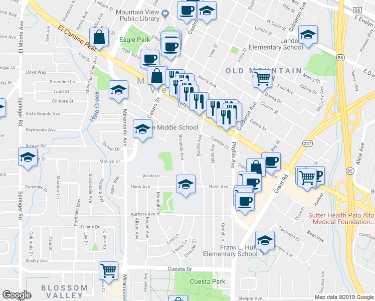 map of restaurants, bars, coffee shops, grocery stores, and more near 1085 Boranda Avenue in Mountain View